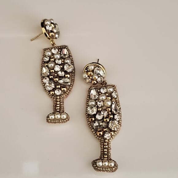 Chico's Champagne Glass Earrings Faux Pearls Gold‎ Tone Beads Crystals NWT - Picture 2 of 9